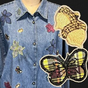 VINTAGE denim jeans button down shirt fall nature embroidered appliqué butterfly